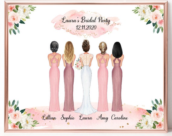 Bride With Four Bridesmaids From Behind Personalized Wedding Party Gift Poster