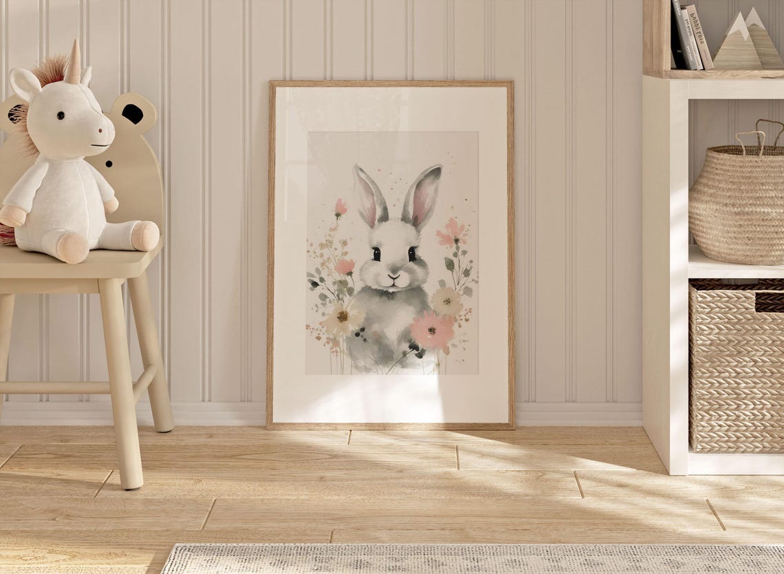 White Bunny Rabbit Watercolor Portrait With Pink Blossoms Poster - Image 2