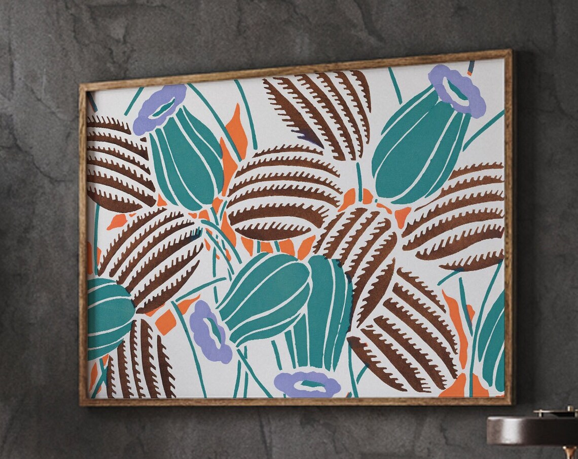 Vintage Art Nouveau Floral Pattern Teal Purple Botanical Design Poster