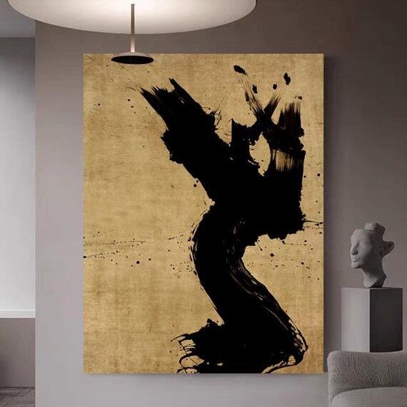Abstract Black Textured Oil Painting Yellow Background Hand Painted Art Brushstrokes Acrylic Artwork Extra Large Wall Artwork Decor