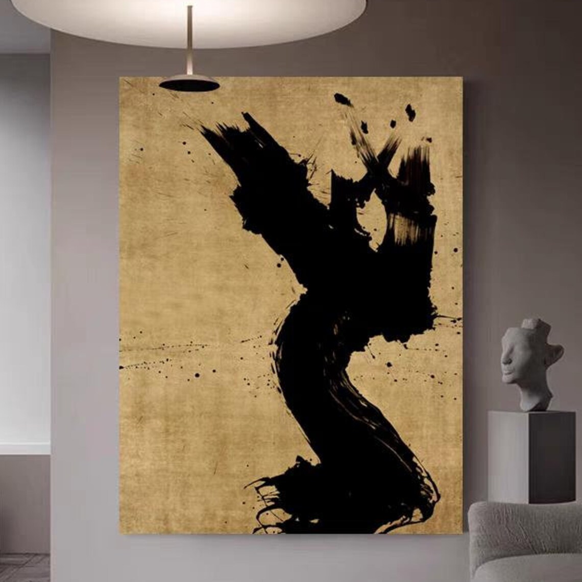 Abstract Black Textured Oil Painting Yellow Background Hand Painted Art Brushstrokes Acrylic Artwork Extra Large Wall Artwork Decor