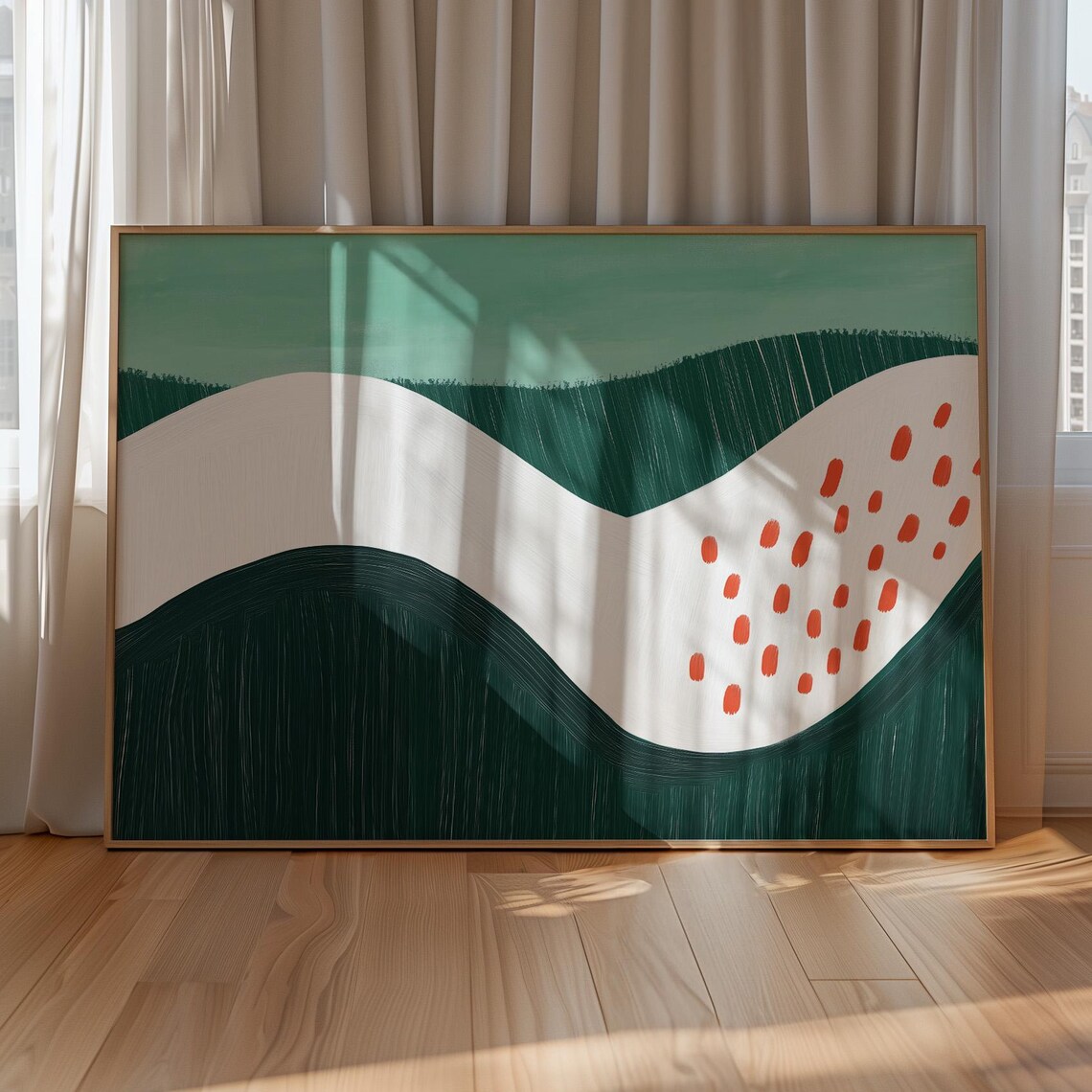 Minimalist Green Landscape, Abstract Rolling Hills