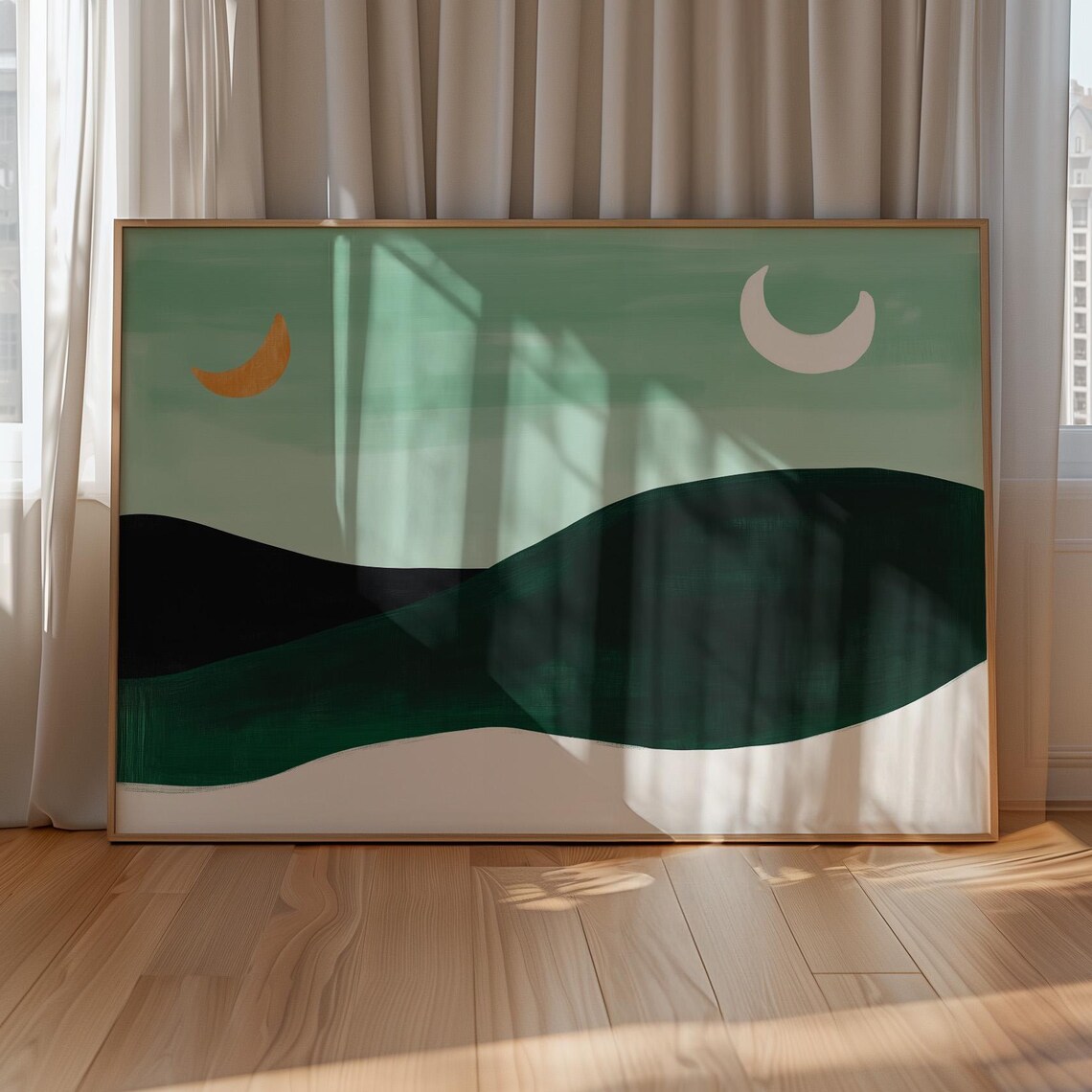 Minimalist Twin Crescent Moons Over Green Hills