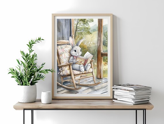Bunny Reading Book Rocking Chair Rustic Porch Watercolor Art Poster