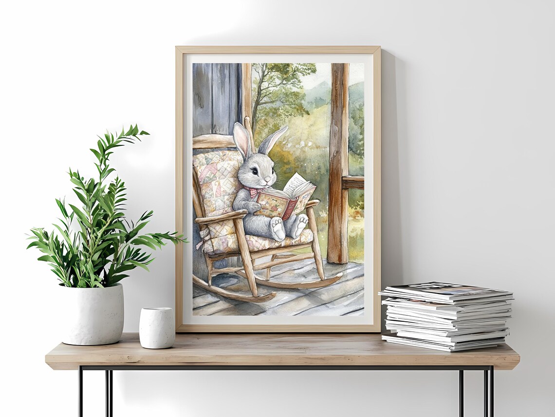 Bunny Reading Book Rocking Chair Rustic Porch Watercolor Art Poster