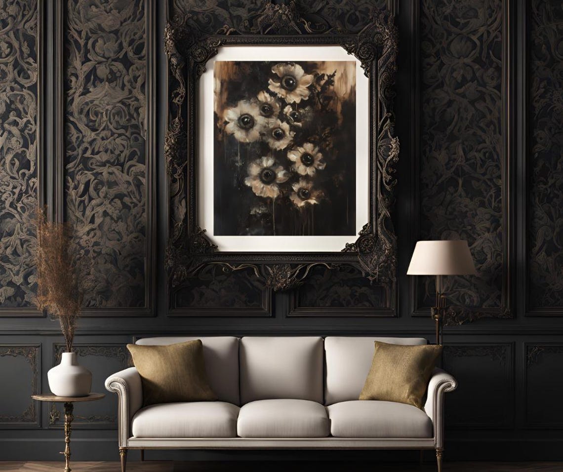 Dark Macabre White Flowers with Eye Centers Goth Floral Art Poster - Image 3