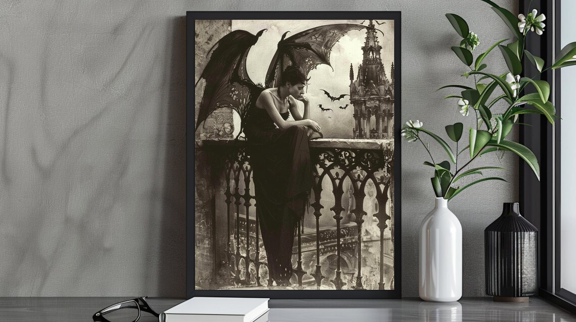 Dark Angel With Bats, Gothic Fantasy Art Print