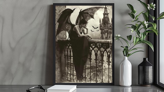 Dark Angel With Bats, Gothic Fantasy Art Print