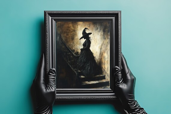 Dark Witch Silhouette Gothic Staircase Haunting Halloween Art Poster
