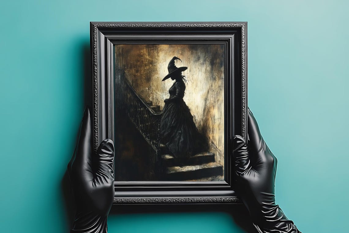 Dark Witch Silhouette Gothic Staircase Haunting Halloween Art Poster