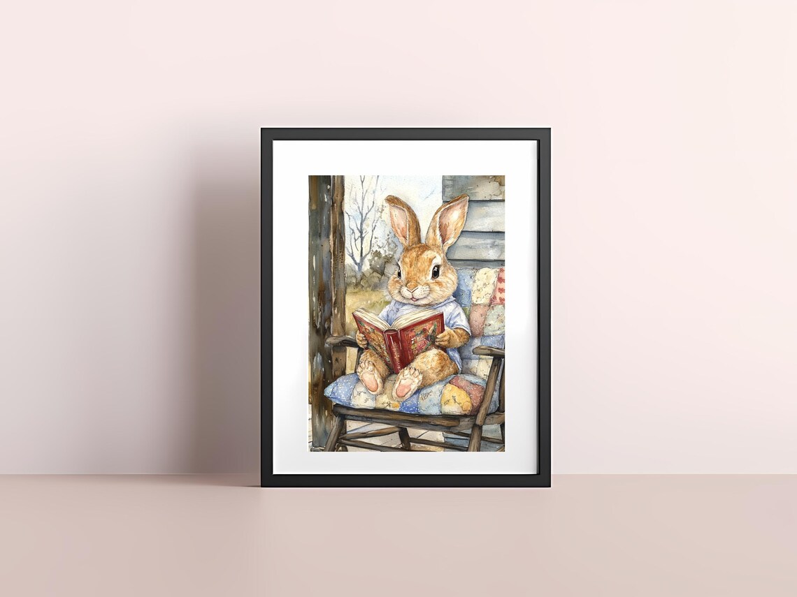 Adorable Rabbit Reading Book Rocking Chair Farmhouse Animal Poster - Image 4