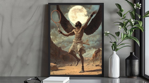 Fantasy Winged Tennis Player Art Print Sports Wall Decor Whimsical Athletic Artwork Tennis Lover Gift Unique Home Decor