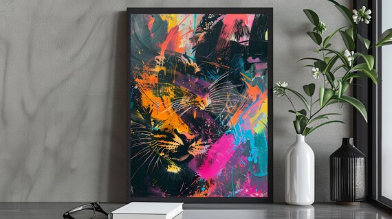 Vibrant Abstract Tiger Face in Neon Pink Orange and Teal Art Poster
