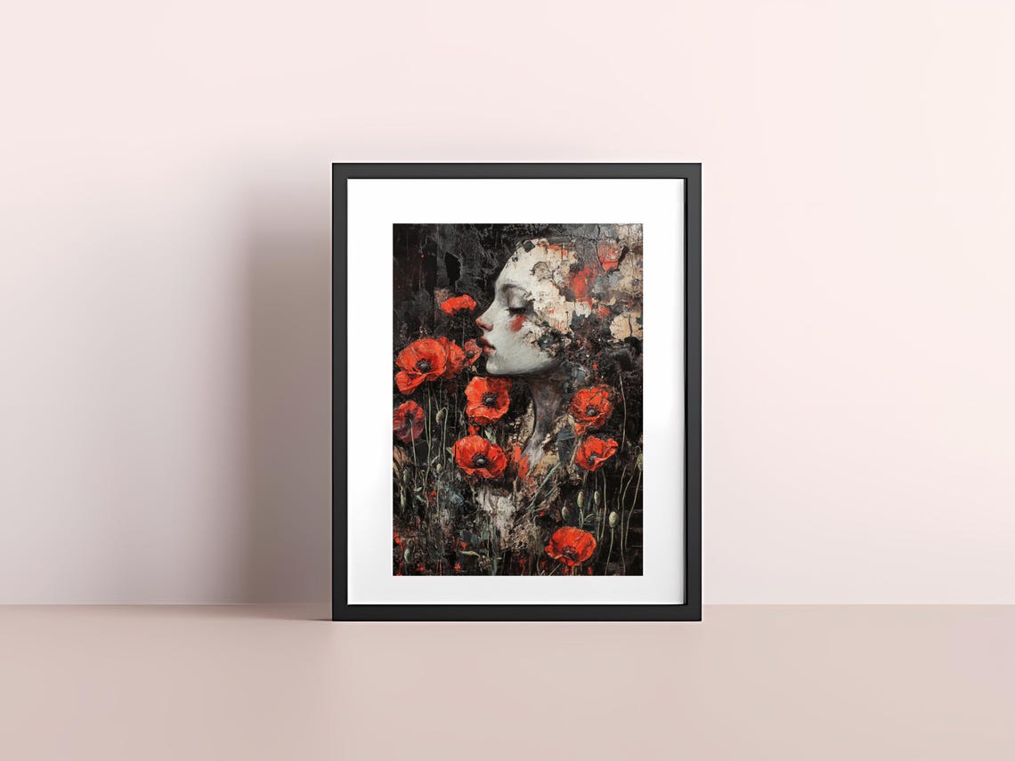 Bold Abstract Woman with Red Poppies Textured Floral Art Poster - Image 4
