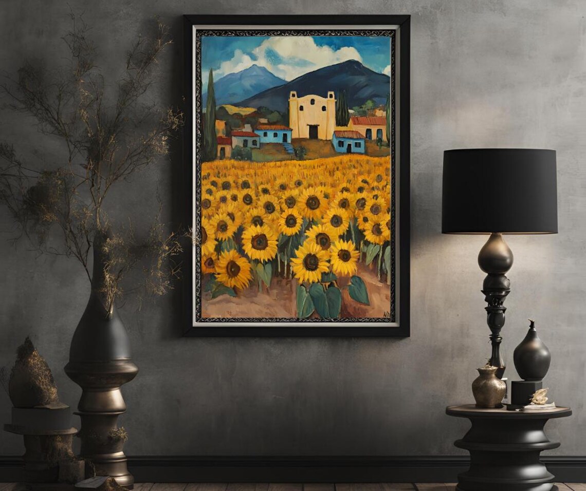 Rustic Sunflower Field With Village and Mountains Painting Poster - Image 2