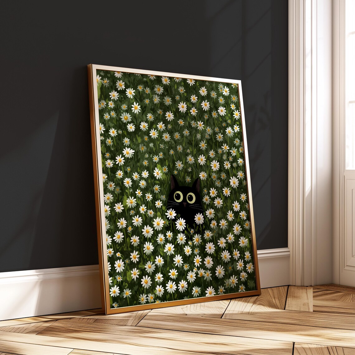 Black Cat Floral Poster, Whimsical Cat Wall Art