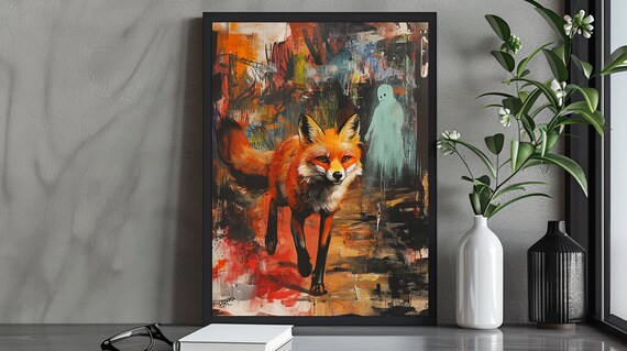 Vibrant Red Fox Running with Ghost Figure Expressionist Art Poster
