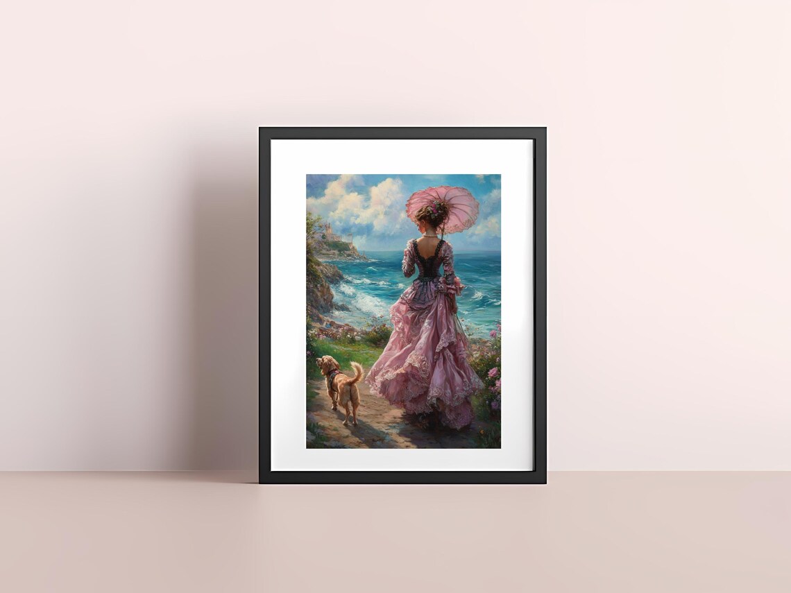 Victorian Lady Pink Dress Walking Dog By Sea Elegant Coastal Poster - Image 4