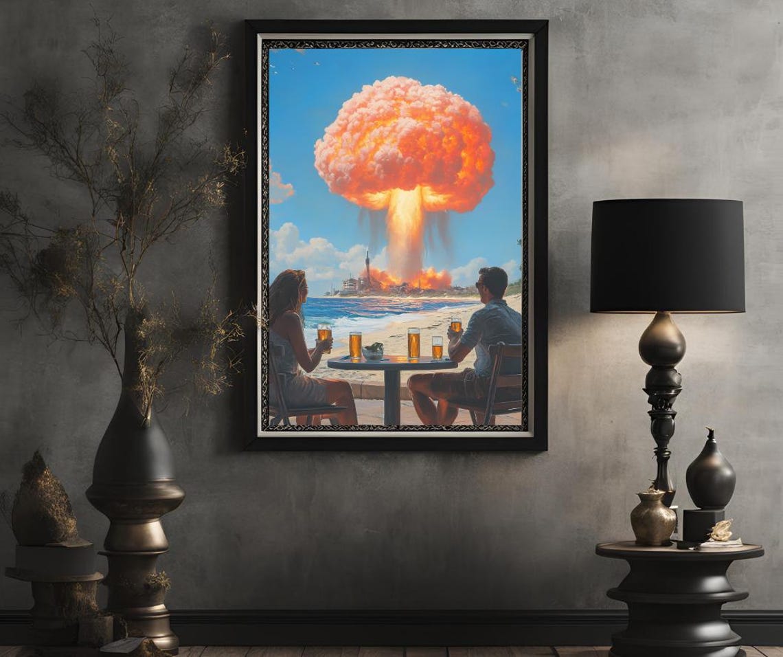 Retro Couple Drinking Beer While a Mushroom Cloud Rises Art Poster - Image 2