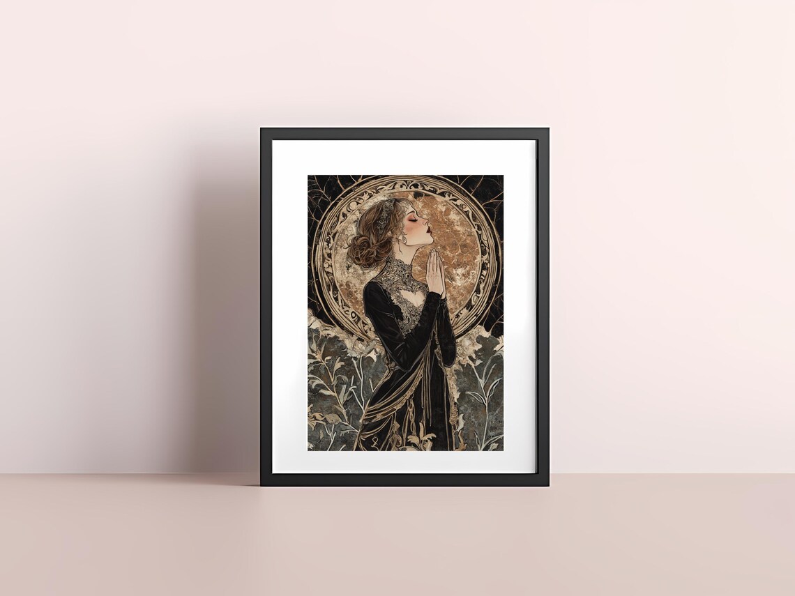 Art Nouveau Woman In Prayer Ornate Golden Halo Elegant Art Poster - Image 3