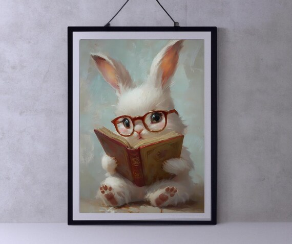 Cute Bunny With Glasses Reading Book Whimsical Nursery Art Poster