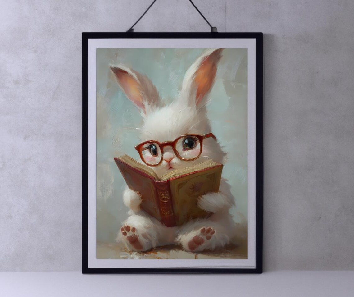 Cute Bunny With Glasses Reading Book Whimsical Nursery Art Poster