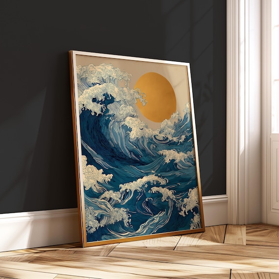 Wave And Sun Art Print Japanese Ocean Energy Poster Zen Wall Decor Blue Linework