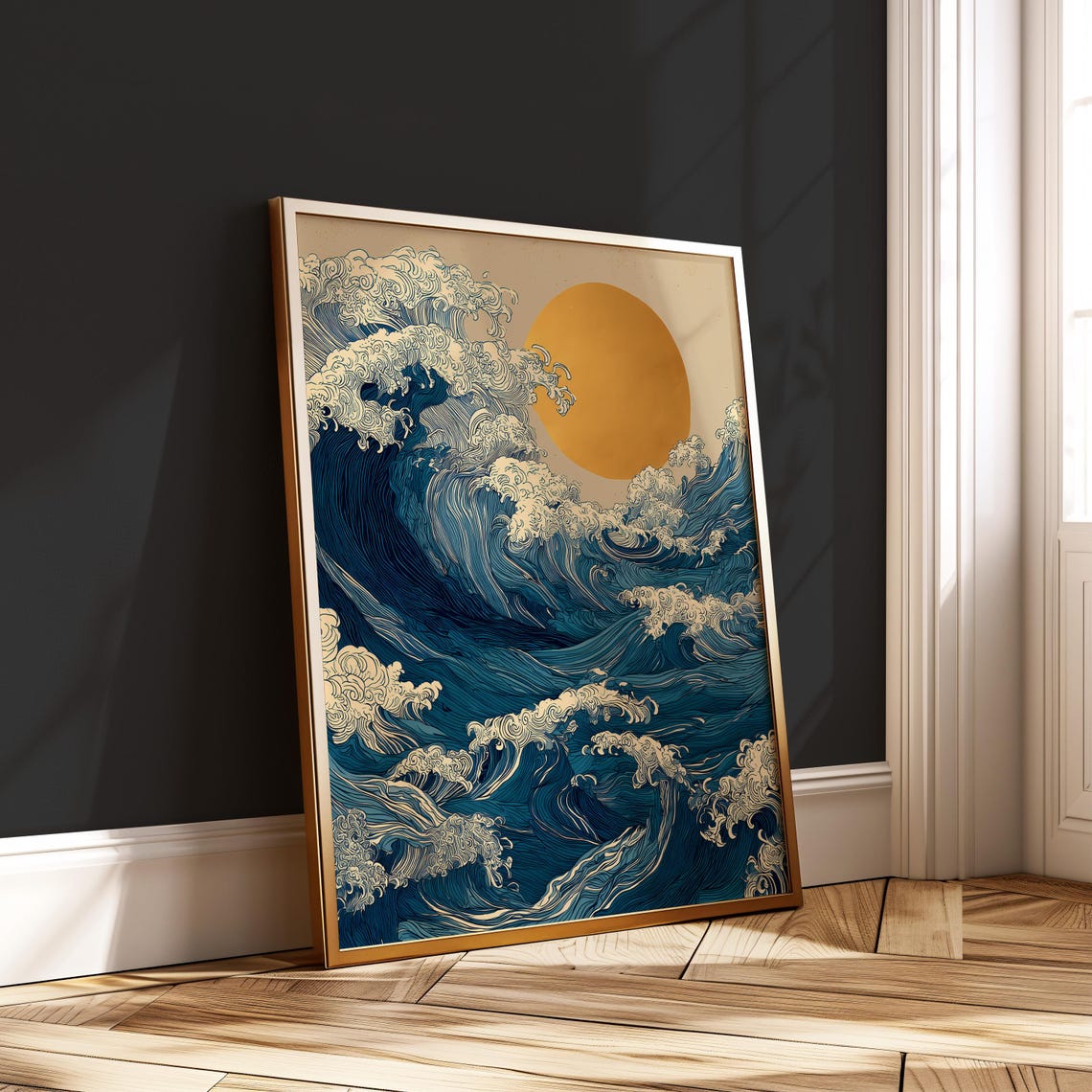 Japanese Ocean Wave Golden Sun Traditional Ukiyo-e Style Poster