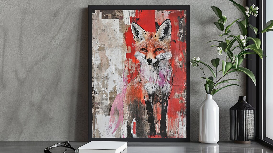 Red Fox Portrait Bold Abstract Animal Painting Vibrant Wildlife Wall Art