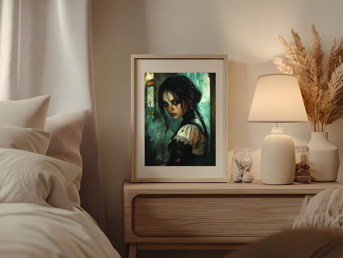 Haunting Gothic Portrait Mysterious Woman With Piercing Green Eyes Dark Fantasy Wall Art Instant - Image 2