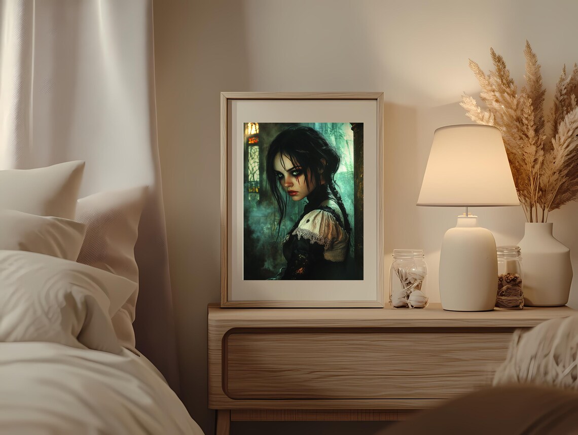Haunting Gothic Woman Piercing Green Eyes Dark Fantasy Art Poster - Image 2