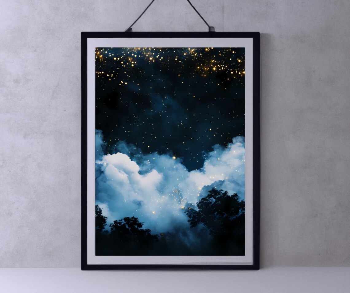 Starry Night Sky with Clouds and Golden Stars Celestial Art Poster