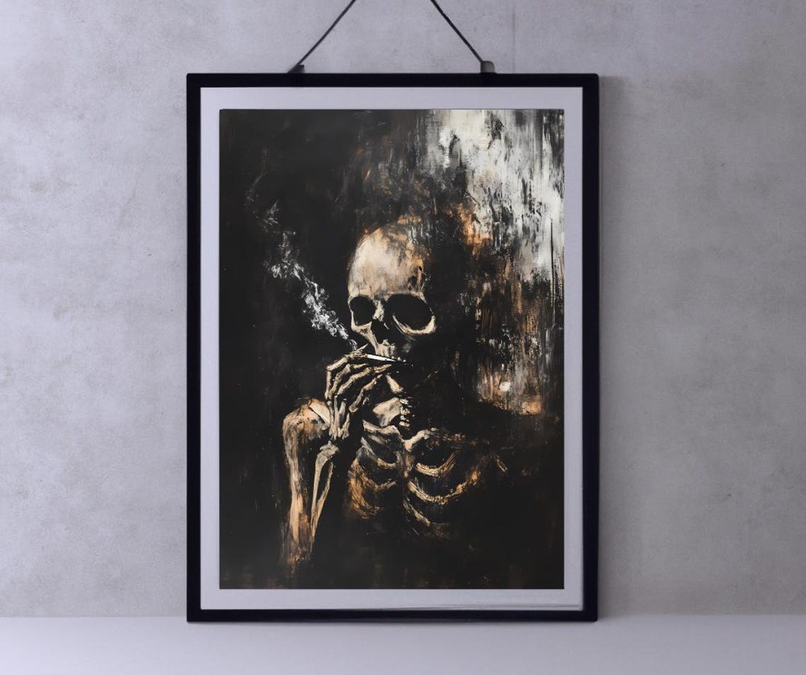 Dark Skeleton Smoking A Cigarette Moody Skull Painting Poster