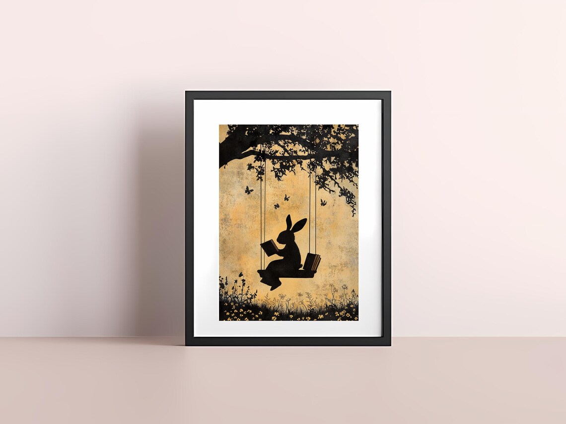 Bunny Silhouette Reading On Swing Golden Vintage Whimsical Poster - Image 4