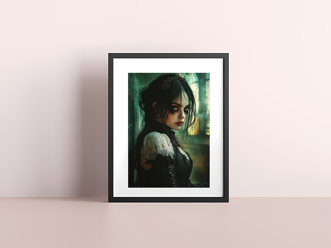 Mysterious Gothic Woman Lace Dress Dark Moody Portrait Art Poster - Image 4