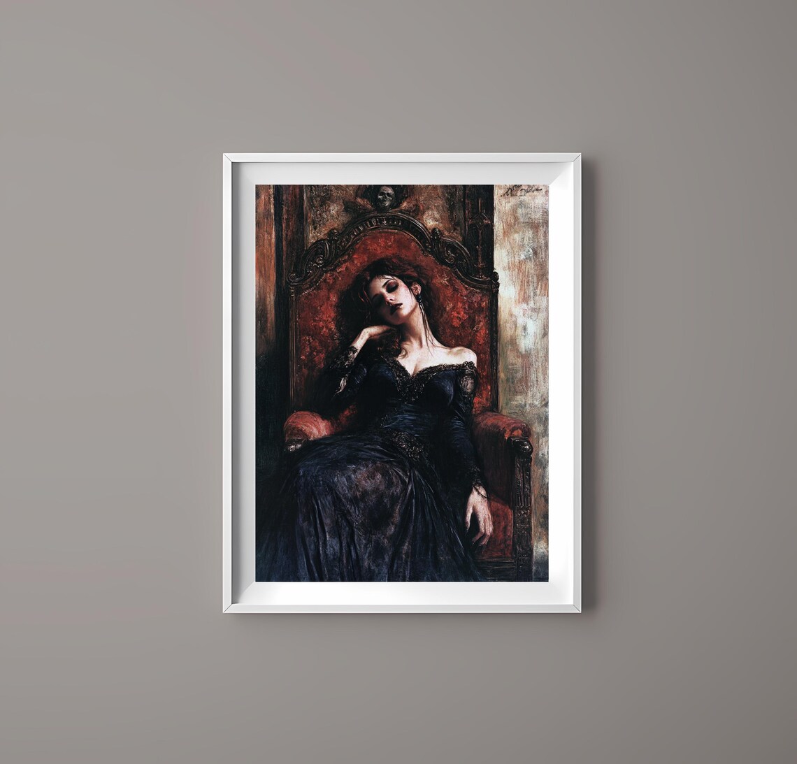 Gothic Woman Reclining Ornate Red Chair Dark Romantic Art Poster - Image 3