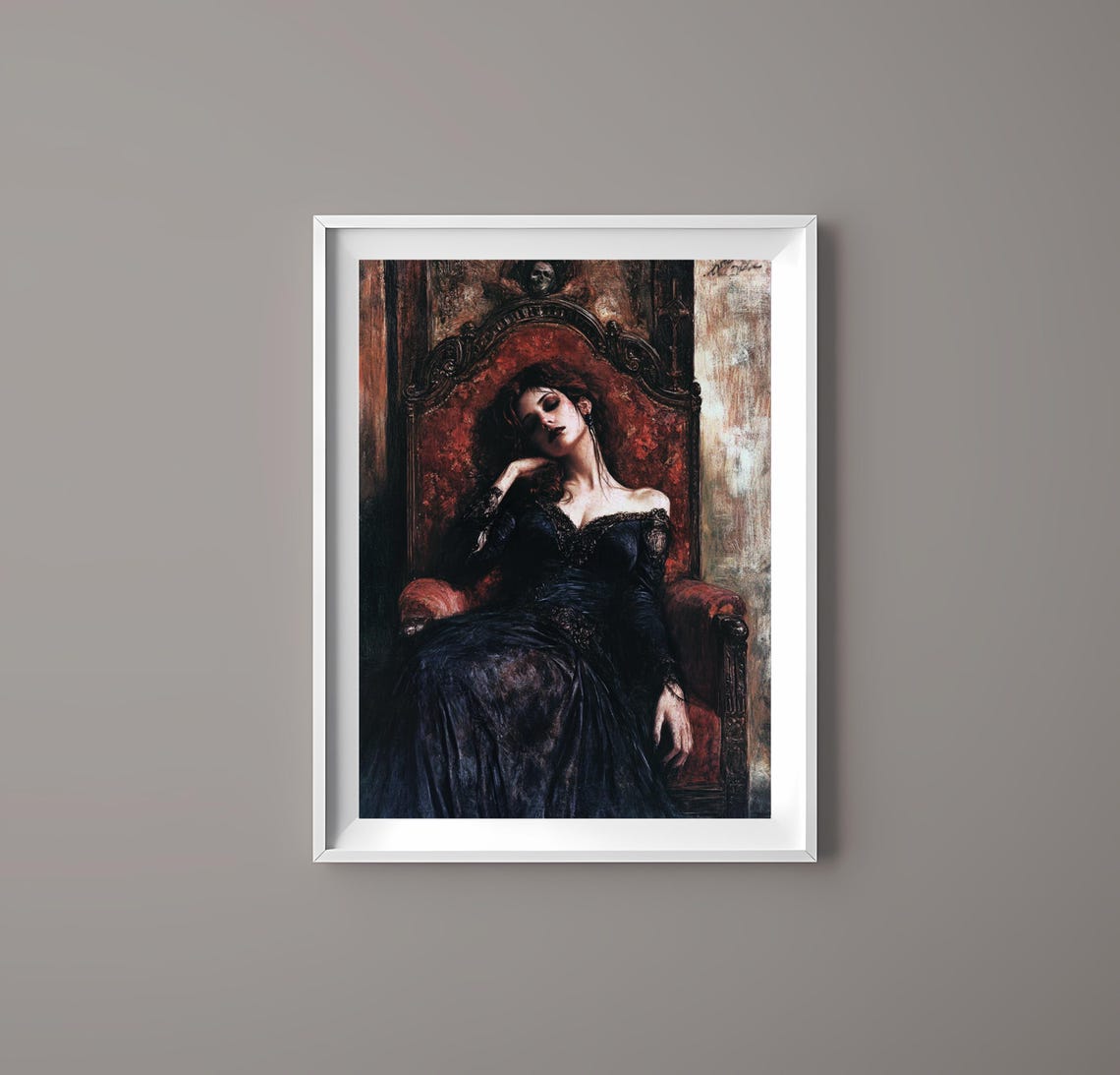 Victorian Art Gothic Woman In Ornate Red Chair Elegant Dark Wall Art Gift For Her - Image 3