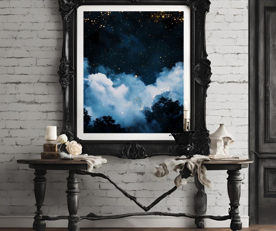 Starry Night Sky with Clouds and Golden Stars Celestial Art Poster - Image 4