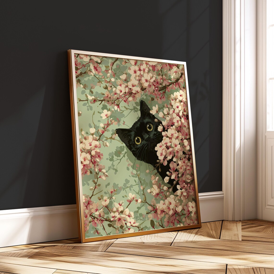 Black Cat Cherry Blossom Wall Art Spring Botanical Print Cute Floral Poster Decor