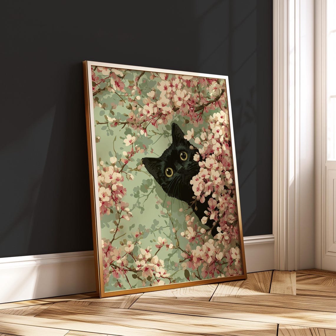 Black Cat Peeking Through Cherry Blossom Spring Floral Whimsical Print