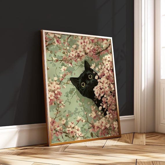 Black Cat Cherry Blossom Wall Art Spring Botanical Print Cute Floral Poster Decor