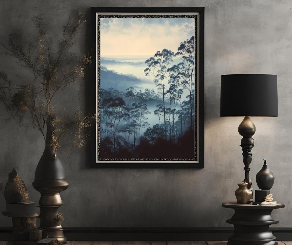 Misty Blue Forest At Dawn Foggy Tall Pine Trees Landscape Poster - Image 2