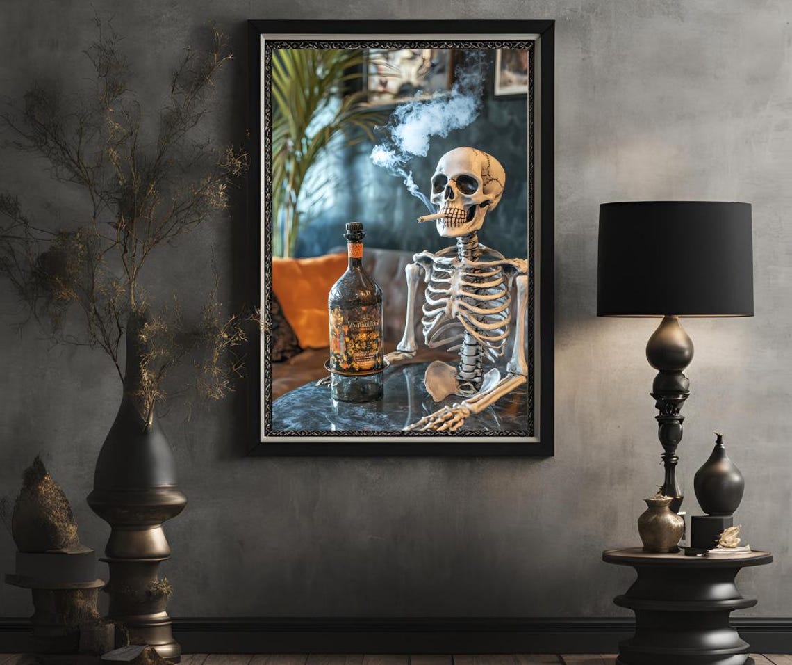 Skeleton Smoking Cigarette Beside Bottle Photorealistic Bar Poster - Image 2