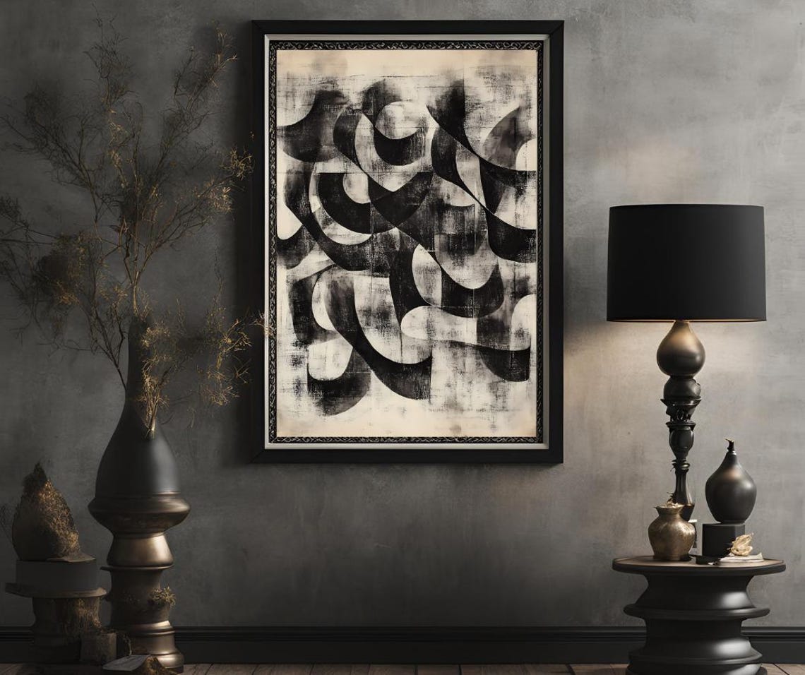 Bold Black Abstract Ink Loop Strokes on Cream Background Art Poster - Image 2