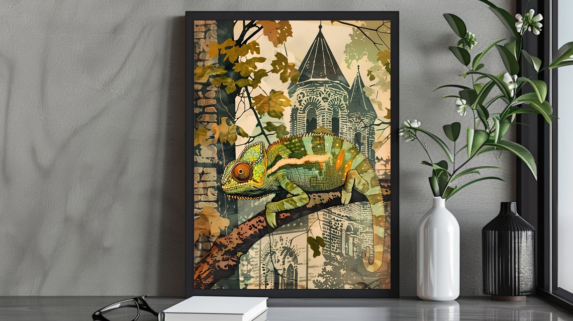 Green Chameleon on Branch with Castle Towers Vintage Style Poster