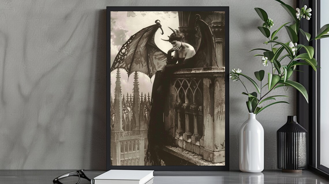Elegant Horned Demon Woman With Bat Wings On Balcony Gothic Spires Poster