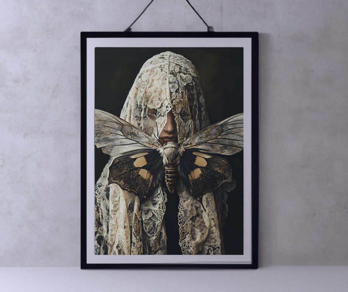 Veiled Woman Moth, Gothic Witchy Decor Art Print