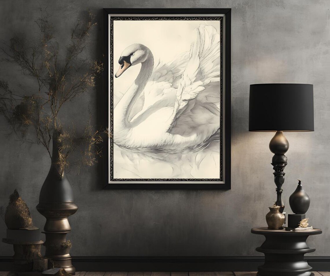Elegant White Swan Sepia Sketch In Vintage Drawing Style Poster - Image 2