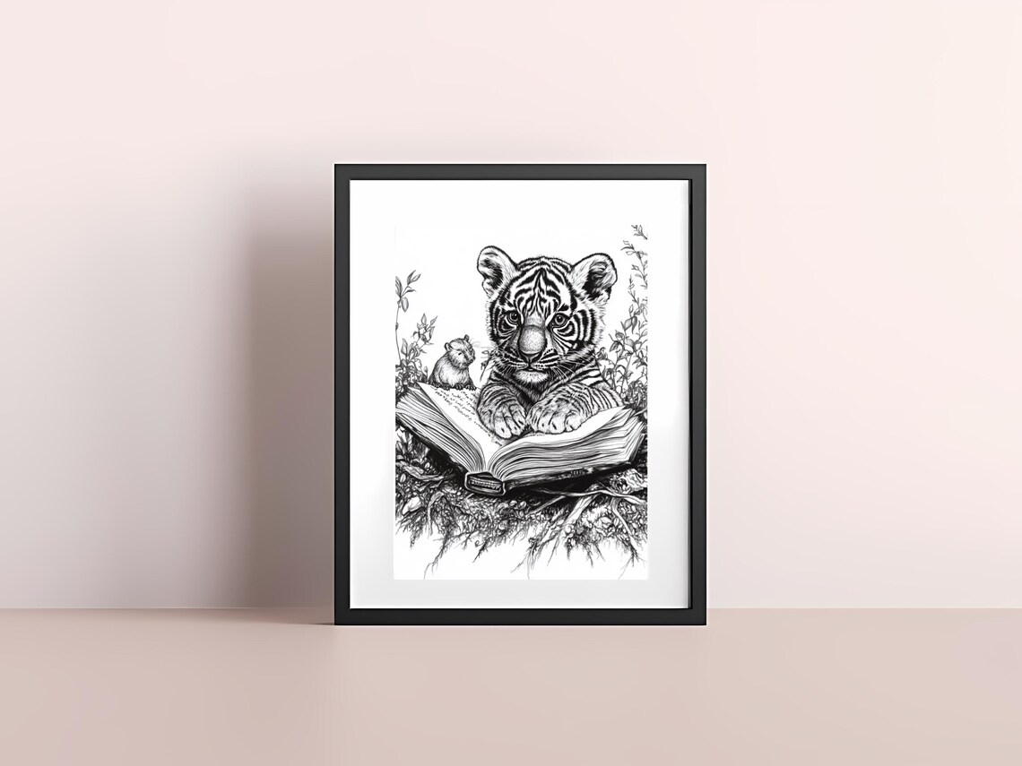 Tiger Cub Reading Book Line Art Whimsical Black White Animal Poster - Image 3