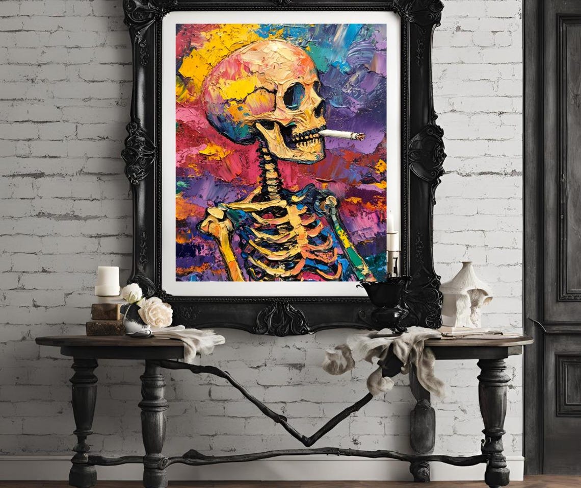Van Gogh Print Skull Of A Skeleton With Burning Cigarette Moody Dark Academia Print Dark Wall Art Skull Art Print Gothic Wall Art - Image 4